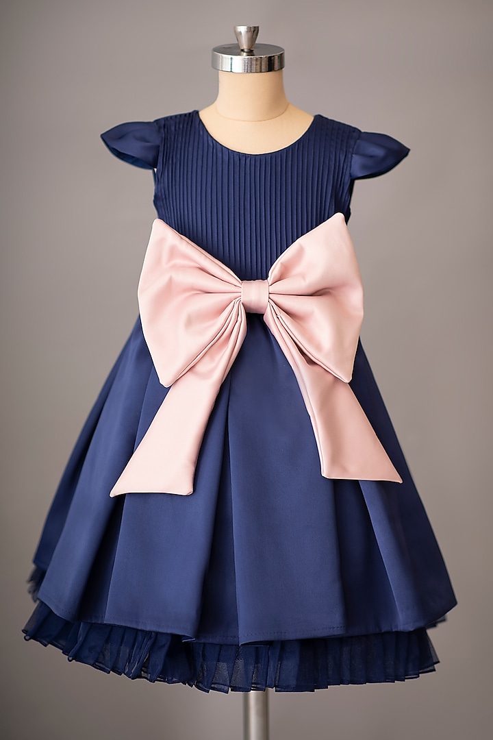 Navy Blue Satin Dress With Hair Accessory by Ba Ba Baby clothing co.