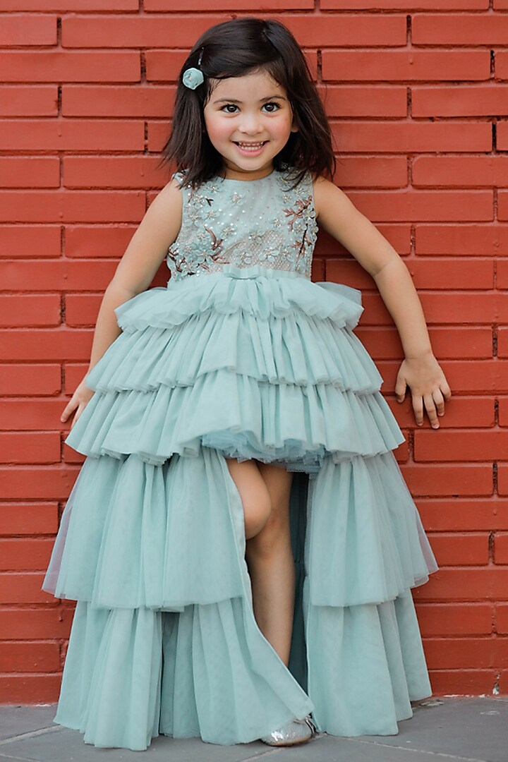 Pastel Blue Embroidered Gown With Hair Accessory by Ba Ba Baby clothing co.