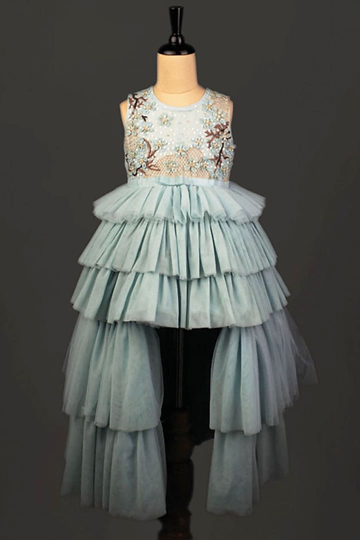 Pastel Blue Embroidered Gown With Hair Accessory by Ba Ba Baby clothing co. at Pernia's Pop Up Shop