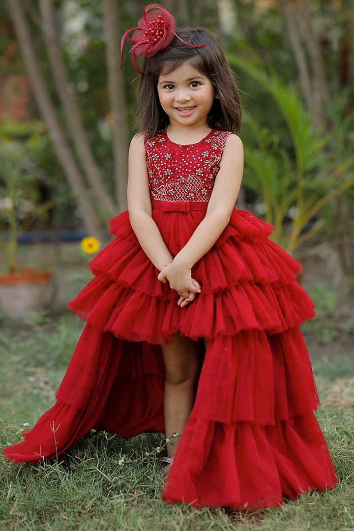 Dark Red Embroidered Gown With Hair Accessory by Ba Ba Baby clothing co. at Pernia's Pop Up Shop