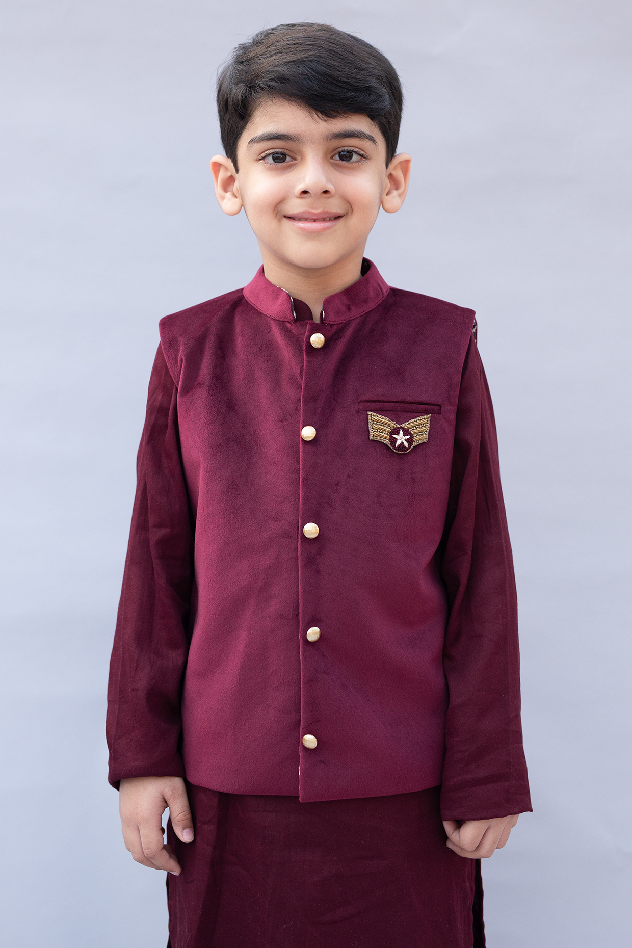 Royal Wine Embroidered Nehru Jacket With Kurta Set by Ba Ba Baby clothing co. at Pernia's Pop Up Shop