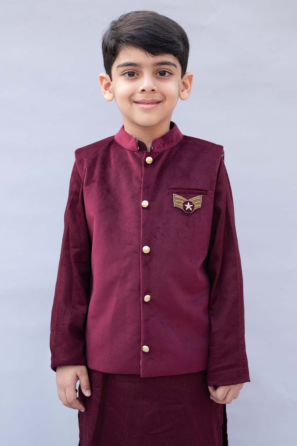 Royal Wine Embroidered Nehru Jacket With Kurta Set by Ba Ba Baby clothing co.