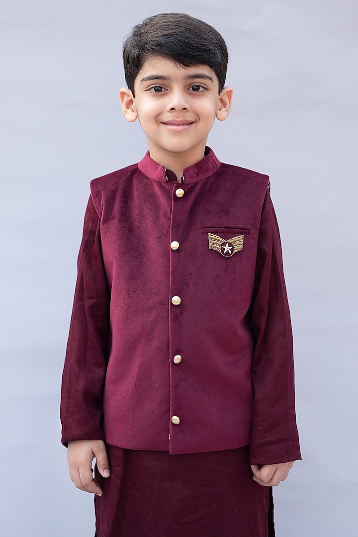 Royal Wine Embroidered Nehru Jacket With Kurta Set by Ba Ba Baby clothing co. at Pernia's Pop Up Shop