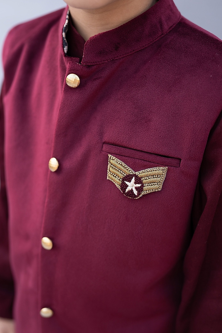 Royal Wine Embroidered Nehru Jacket With Kurta Set by Ba Ba Baby clothing co. at Pernia's Pop Up Shop