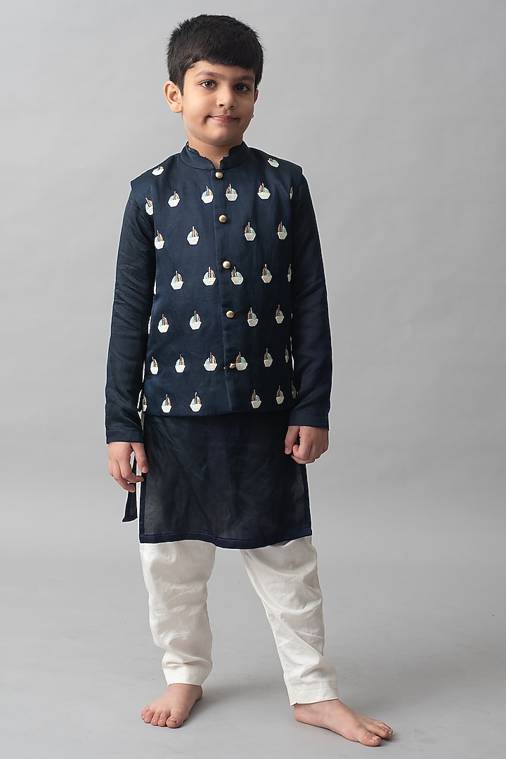 Royal Blue Embroidered Nehru Jacket With Kurta Set by Ba Ba Baby clothing co. at Pernia's Pop Up Shop
