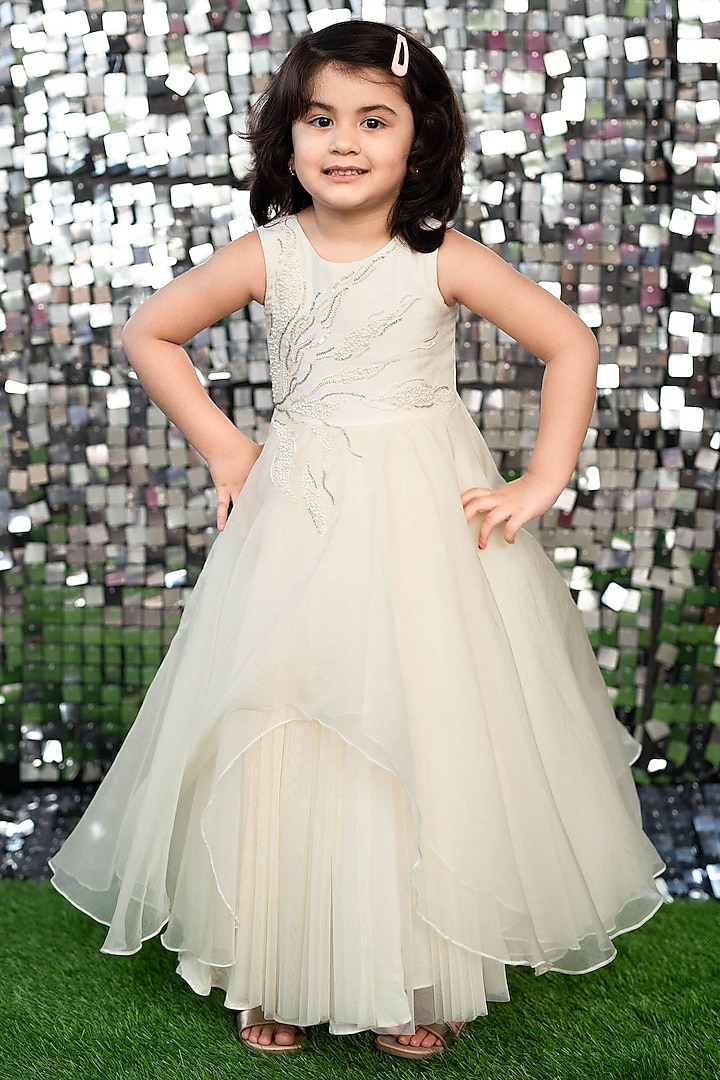 Ivory Asymmetrical Gown With Hair Accessory by Ba Ba Baby clothing co.