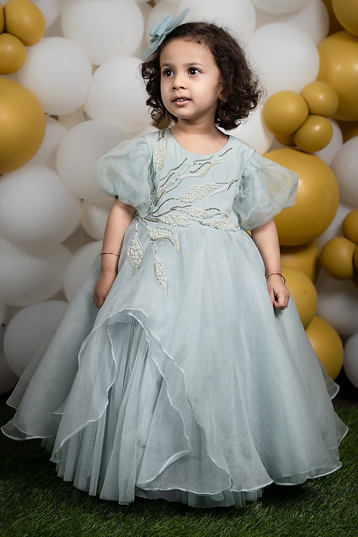 Pastel Blue Viscose Organza Gown With Hair Accessory by Ba Ba Baby clothing co.