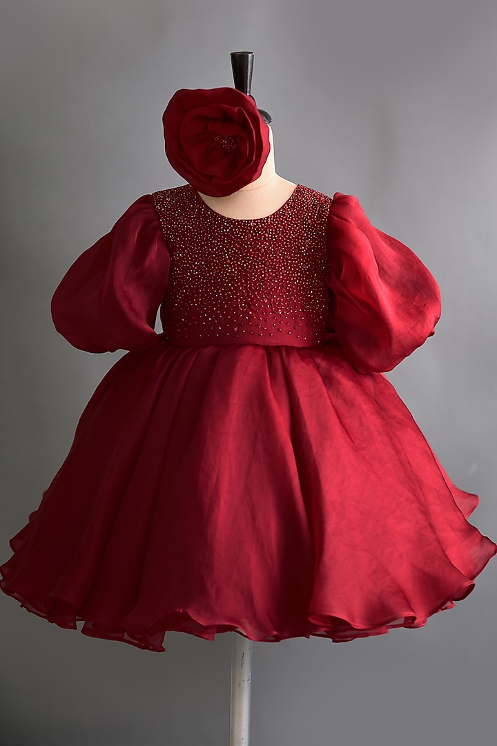 Red Embroidered Dress With Hair Accessory Design by Ba Ba Baby clothing co.  at Pernia's Pop Up Shop 2024