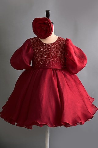 Red Embroidered Dress With Hair Accessory by Ba Ba Baby clothing co.