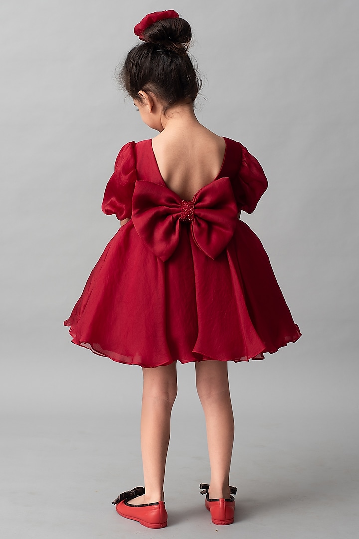 Red Embroidered Dress With Hair Accessory Design by Ba Ba Baby clothing co.  at Pernia's Pop Up Shop 2024