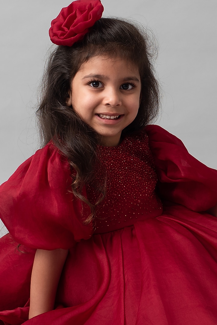 Red Embroidered Dress With Hair Accessory by Ba Ba Baby clothing co. at Pernia's Pop Up Shop