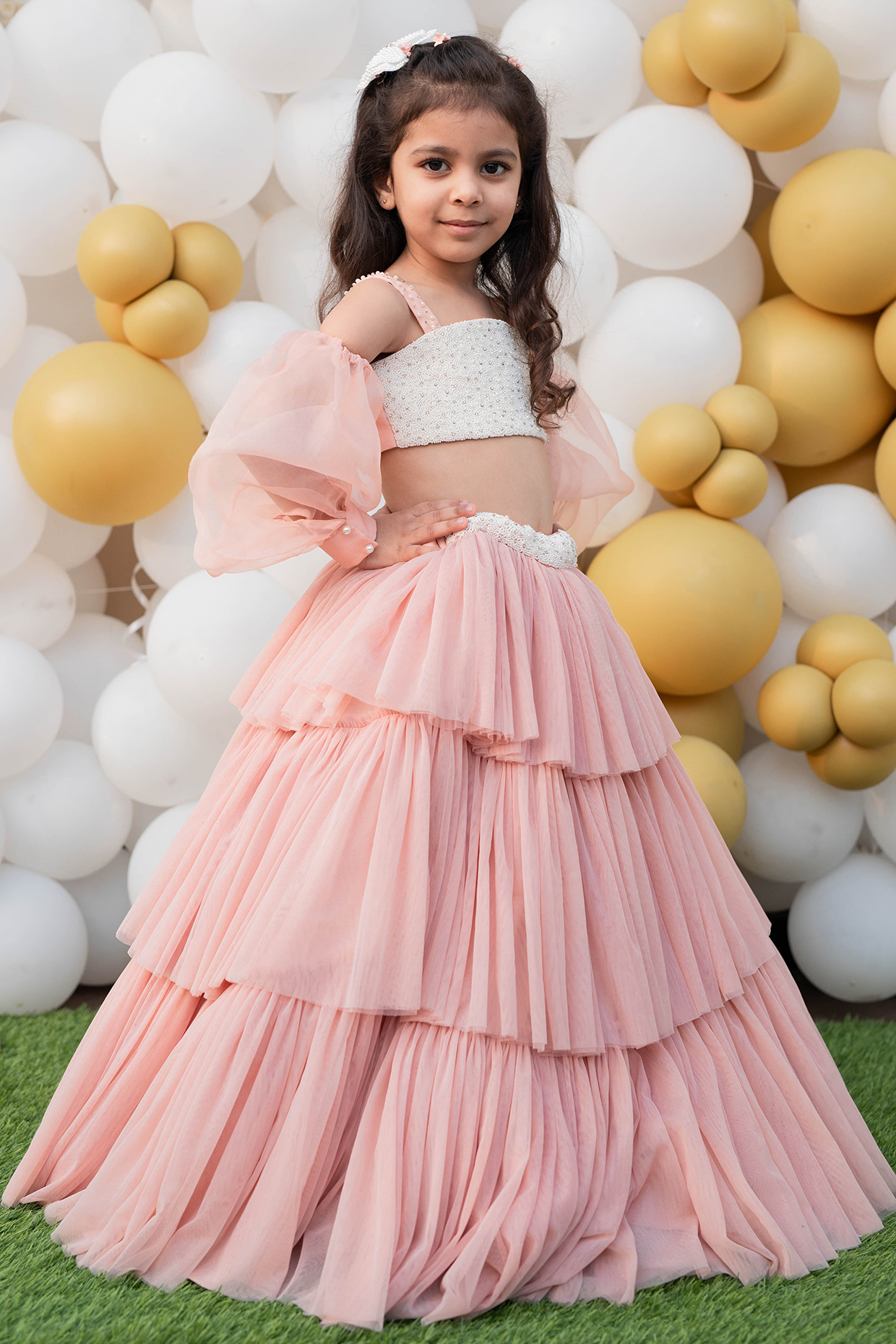 Soft Pink Layered Lehenga Set With Hair Accessory by Ba Ba Baby clothing co.