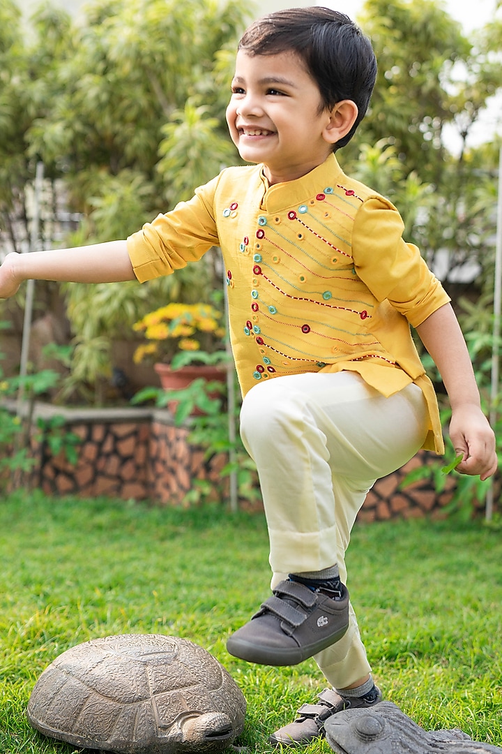 Yellow Embroidered Nehru Jacket With Kurta Set For Boys by Ba Ba Baby clothing co.