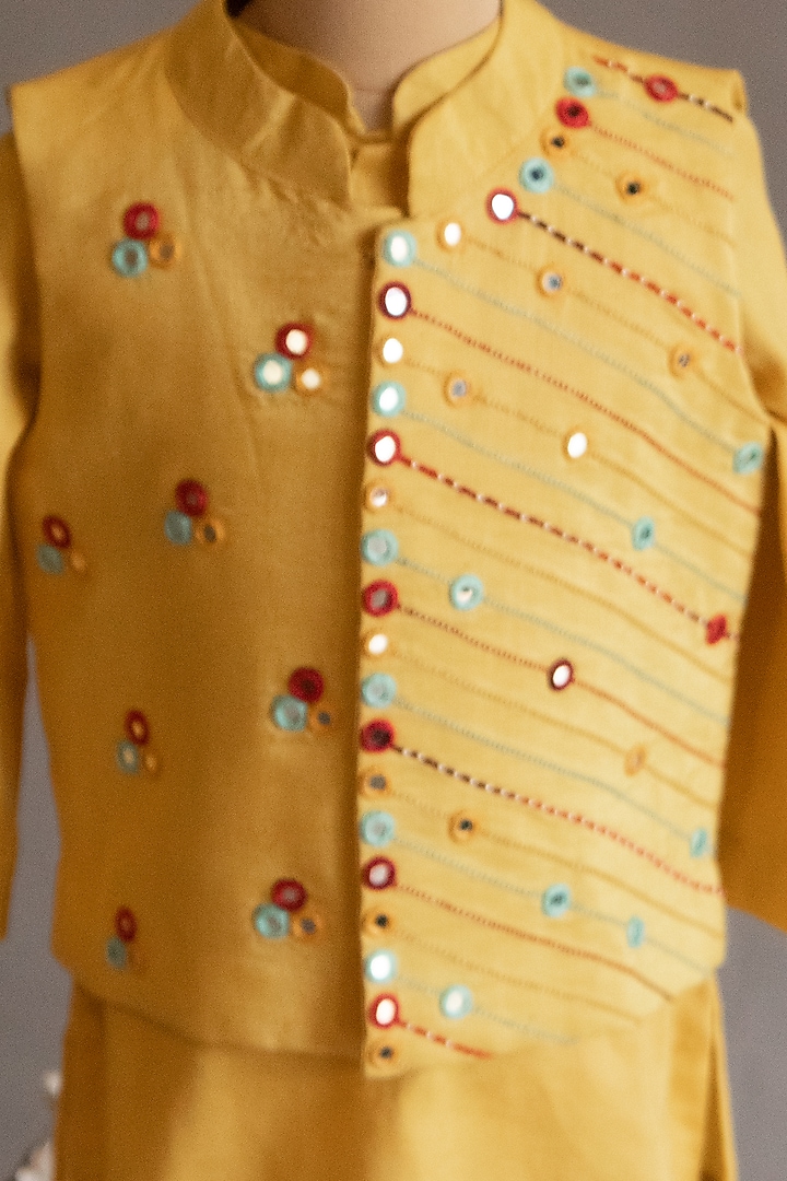 Yellow Embroidered Nehru Jacket With Kurta Set For Boys by Ba Ba Baby clothing co. at Pernia's Pop Up Shop