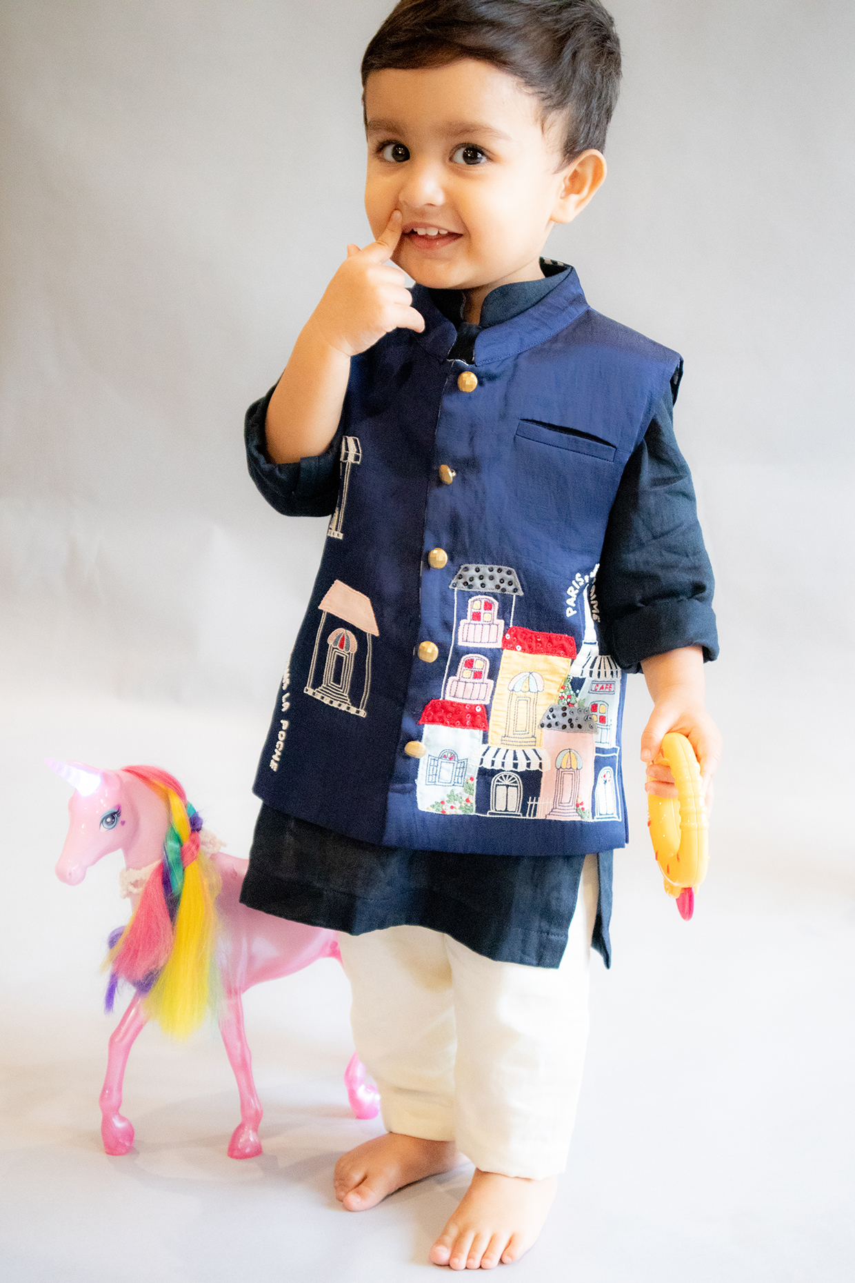 Navy Blue Embroidered Nehru Jacket With Kurta Set For Boys by Ba Ba Baby clothing co.