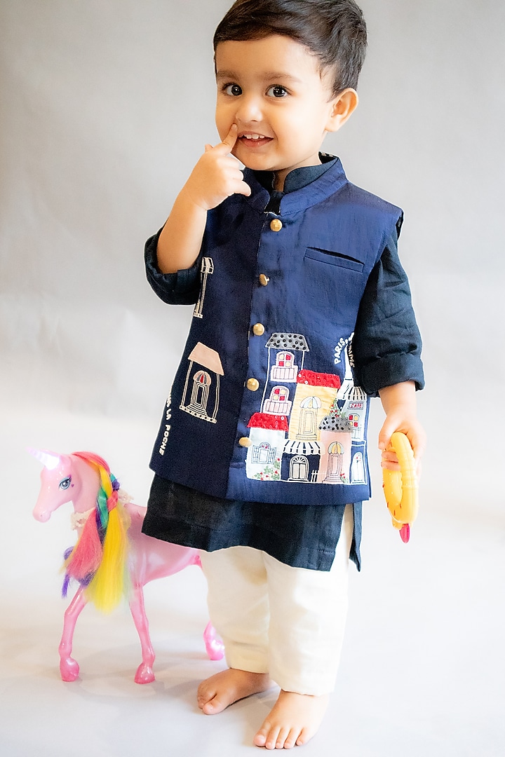 Navy Blue Embroidered Nehru Jacket With Kurta Set For Boys by Ba Ba Baby clothing co.