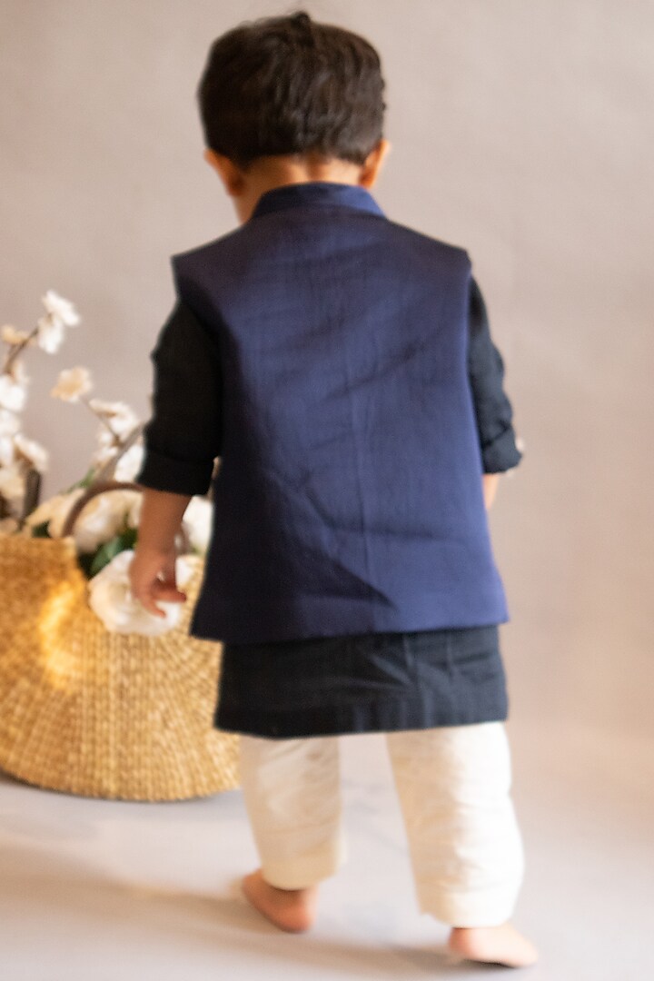 Navy Blue Embroidered Nehru Jacket With Kurta Set For Boys by Ba Ba Baby clothing co. at Pernia's Pop Up Shop