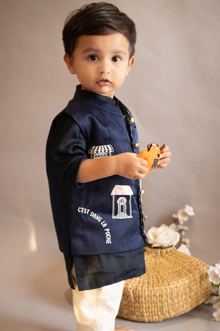 Navy Blue Embroidered Nehru Jacket With Kurta Set For Boys by Ba Ba Baby clothing co. at Pernia's Pop Up Shop