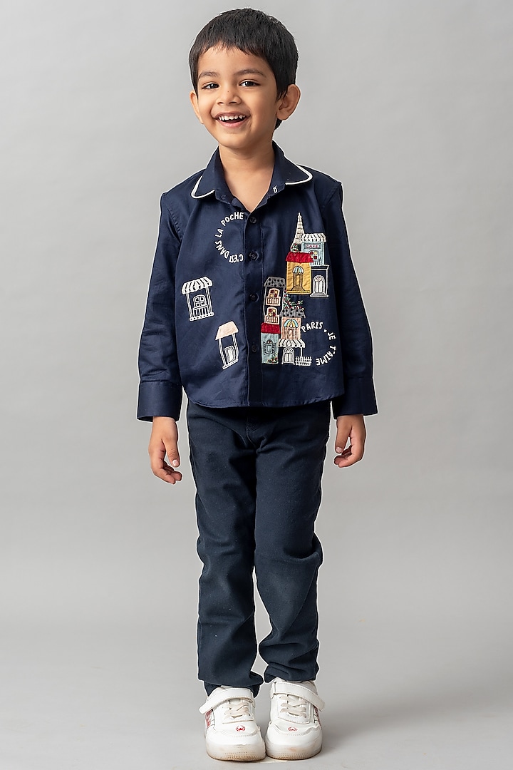 Navy Blue Embroidered Shirt For Boys by Ba Ba Baby clothing co.