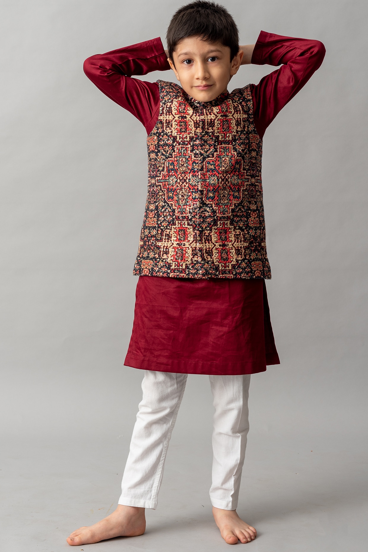 Dark Red Printed Nehru Jacket With Kurta Set For Boys