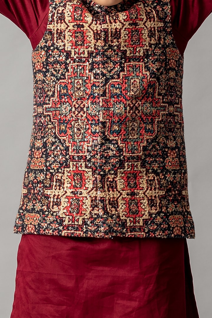Dark Red Printed Nehru Jacket With Kurta Set For Boys by Ba Ba Baby clothing co. at Pernia's Pop Up Shop