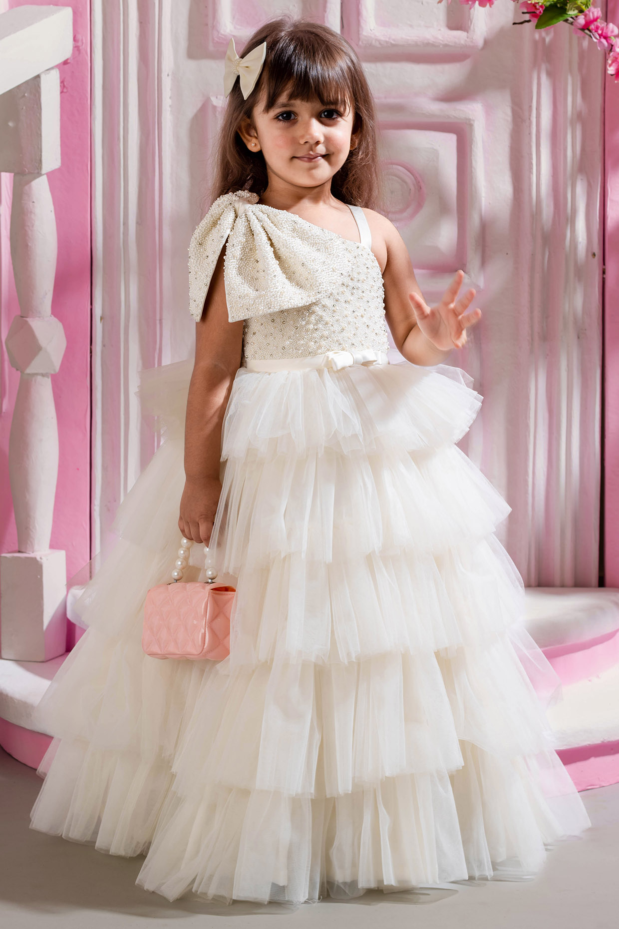 White Dutch Satin & Butterfly Ney Pearl Embroidered Gown For Girls by Ba Ba Baby clothing co. at Pernia's Pop Up Shop