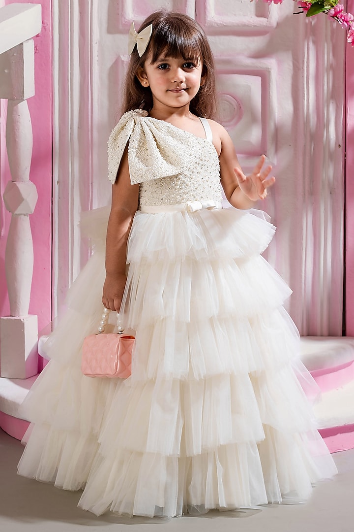 White Dutch Satin & Butterfly Ney Pearl Embroidered Gown For Girls by Ba Ba Baby clothing co. at Pernia's Pop Up Shop