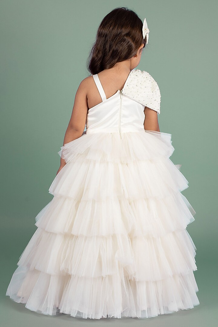 White Dutch Satin & Butterfly Ney Pearl Embroidered Gown For Girls by Ba Ba Baby clothing co. at Pernia's Pop Up Shop