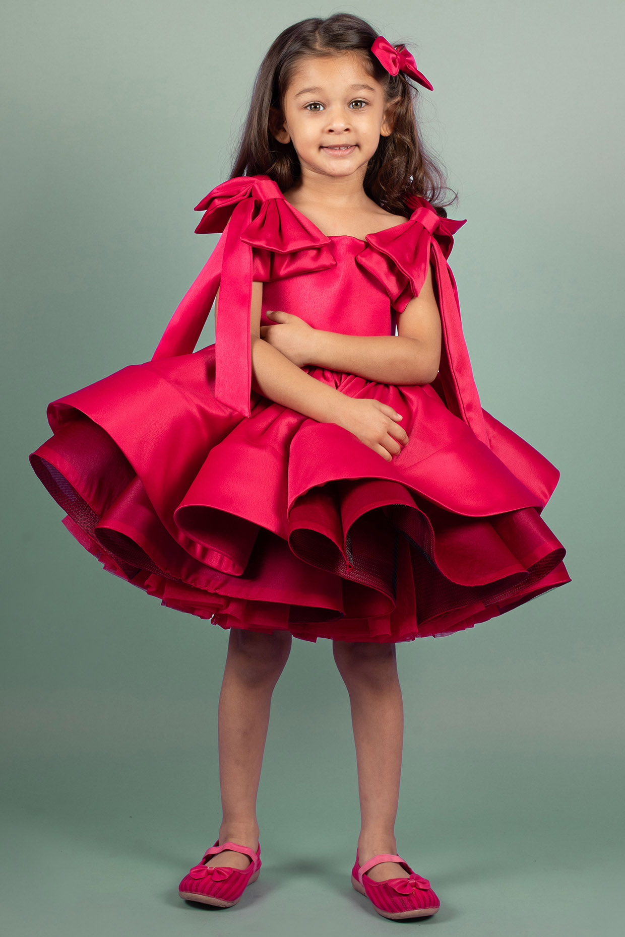 Hot Pink Dutch Satin & Satin Organza Layered Dress For Girls by Ba Ba Baby clothing co.