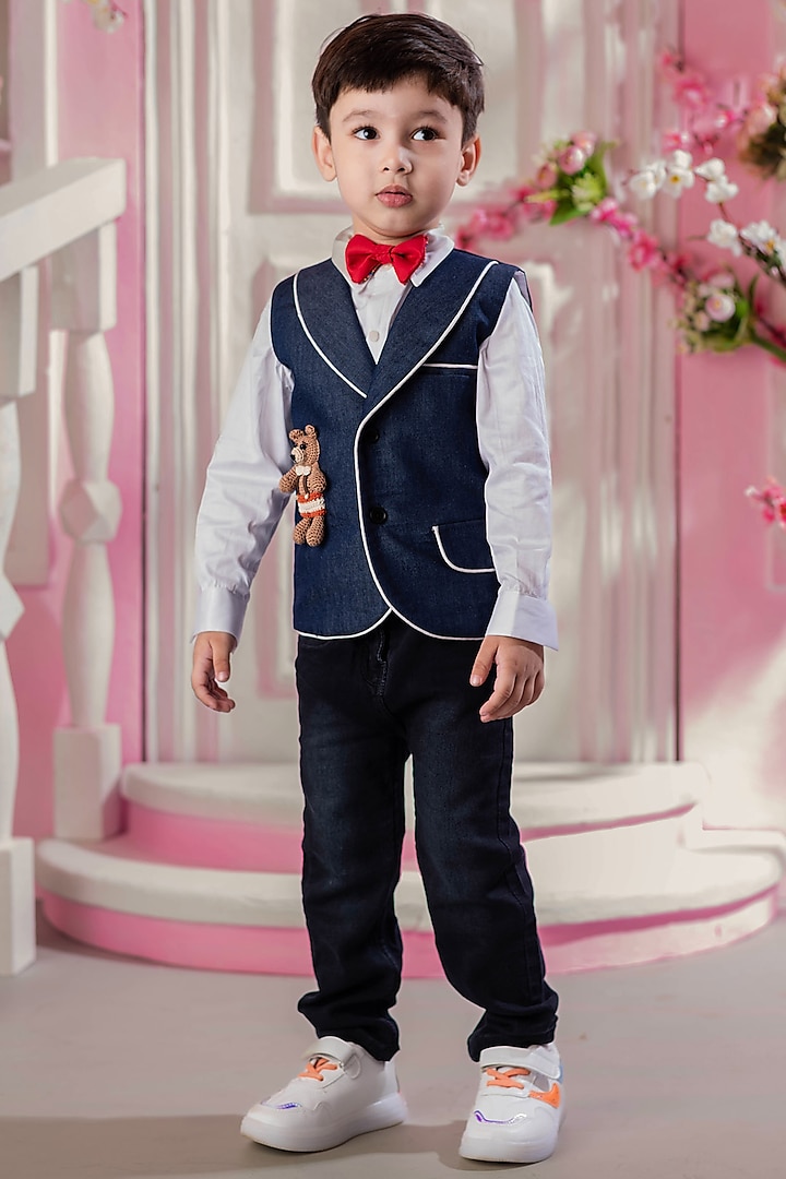 Blue Denim Motif Embroidered Waistcoat Set For Boys by Ba Ba Baby clothing co.