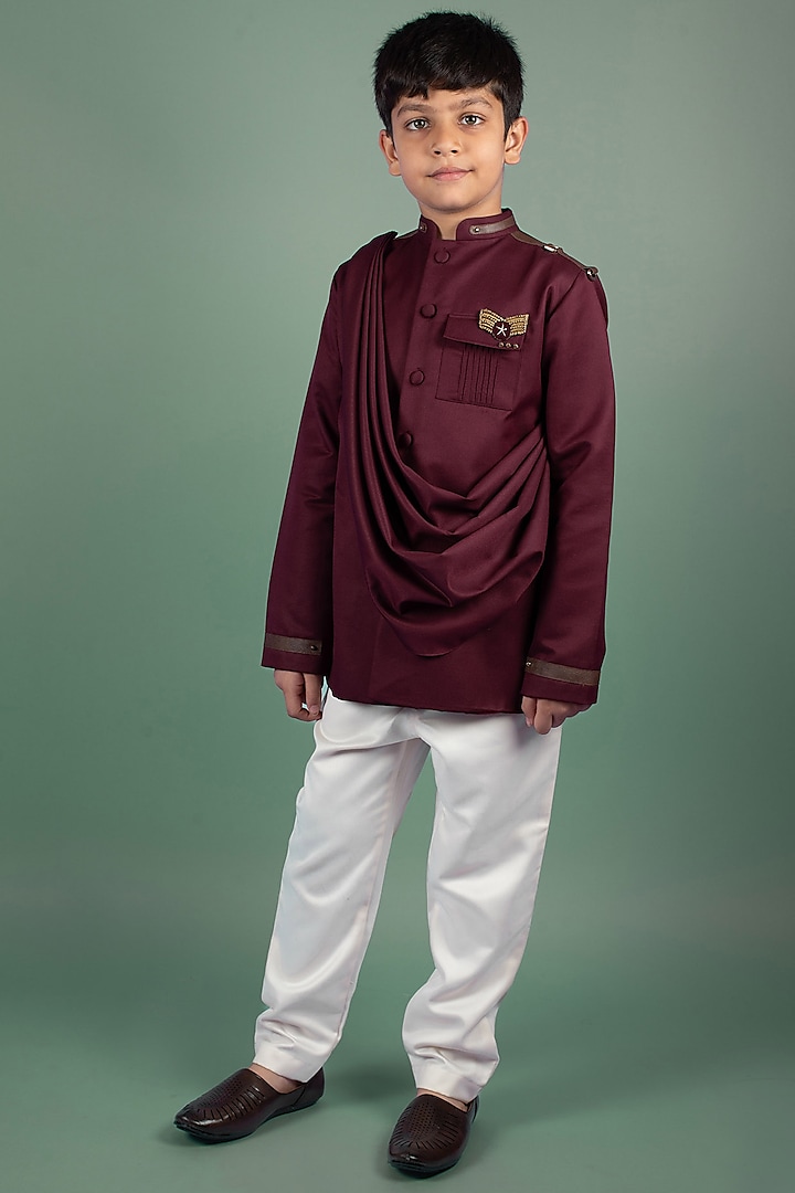 Wine Suiting Embellished Bandhgala Set For Boys by Ba Ba Baby clothing co.