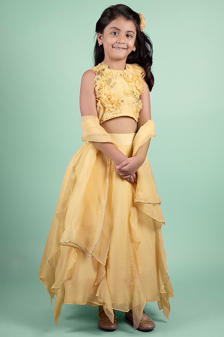Yellow Viscose Organza Lehenga Set For Girls by Ba Ba Baby clothing co. at Pernia's Pop Up Shop