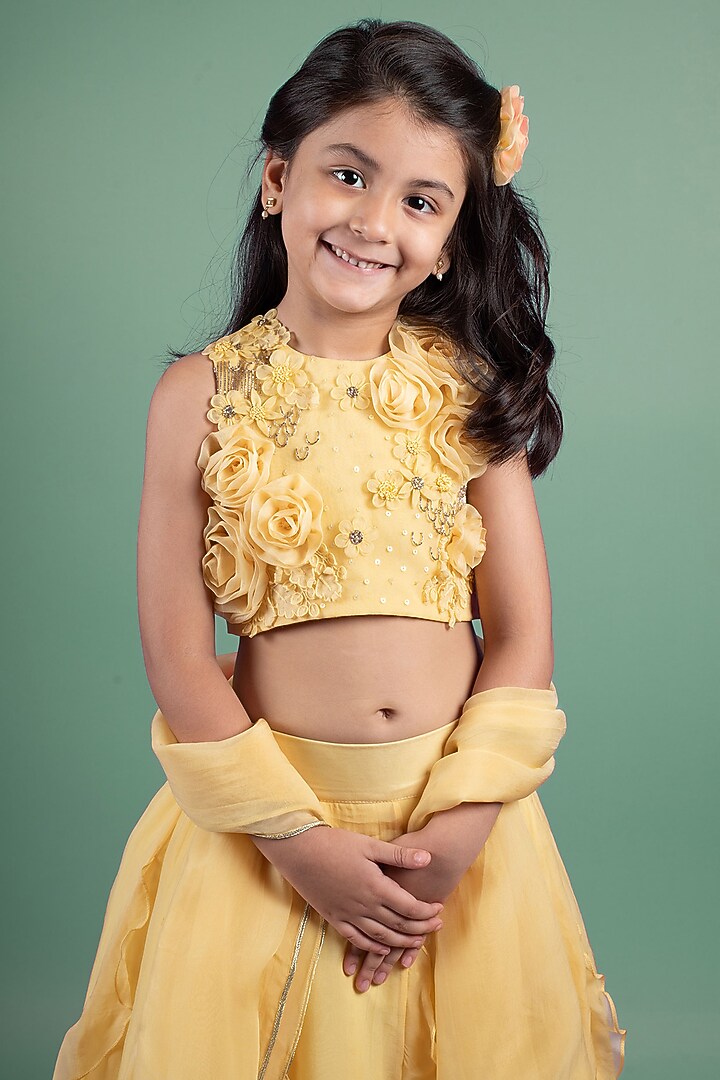 Yellow Viscose Organza Lehenga Set For Girls by Ba Ba Baby clothing co. at Pernia's Pop Up Shop