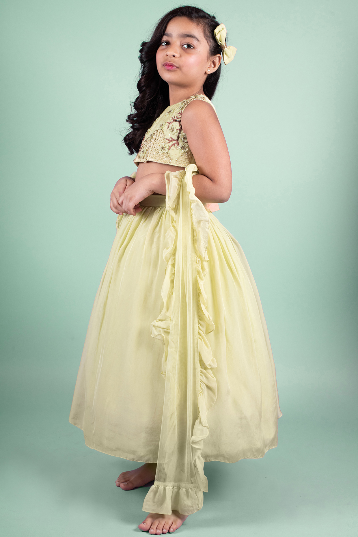 Green Viscose Organza Flared Lehenga Set For Girls by Ba Ba Baby clothing co. at Pernia's Pop Up Shop