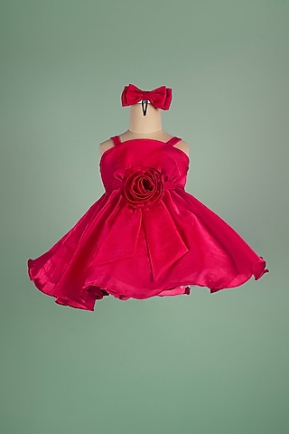 Fuchsia Satin Art Organza Dress For Girls by Ba Ba Baby clothing co.
