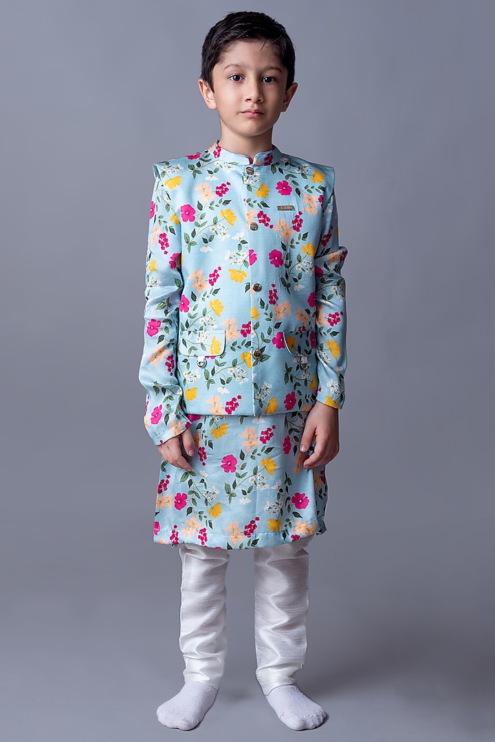 Sky Blue Printed Bundi Jacket With Kurta Set For Boys by Ba Ba Baby clothing co.