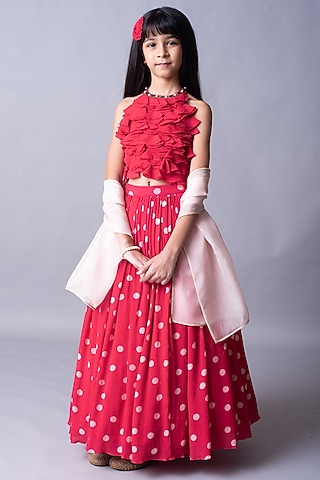 Red Printed Lehenga Set For Girls by Ba Ba Baby clothing co.