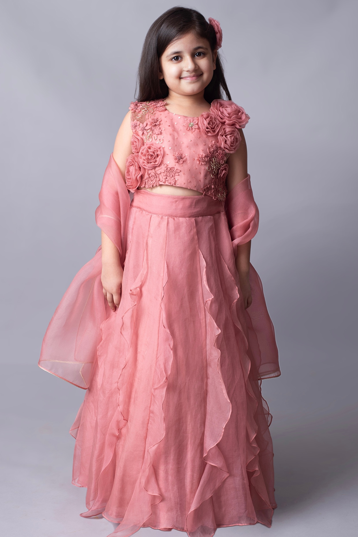 Pre Order: Stylish Organza Ruffled Top With Printed Lehenga | Little Muffet