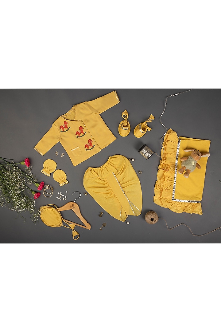 Yellow Linen Chanderi & Mulmul Embroidered Dhoti Set For Boys by Ba Ba Baby clothing co.