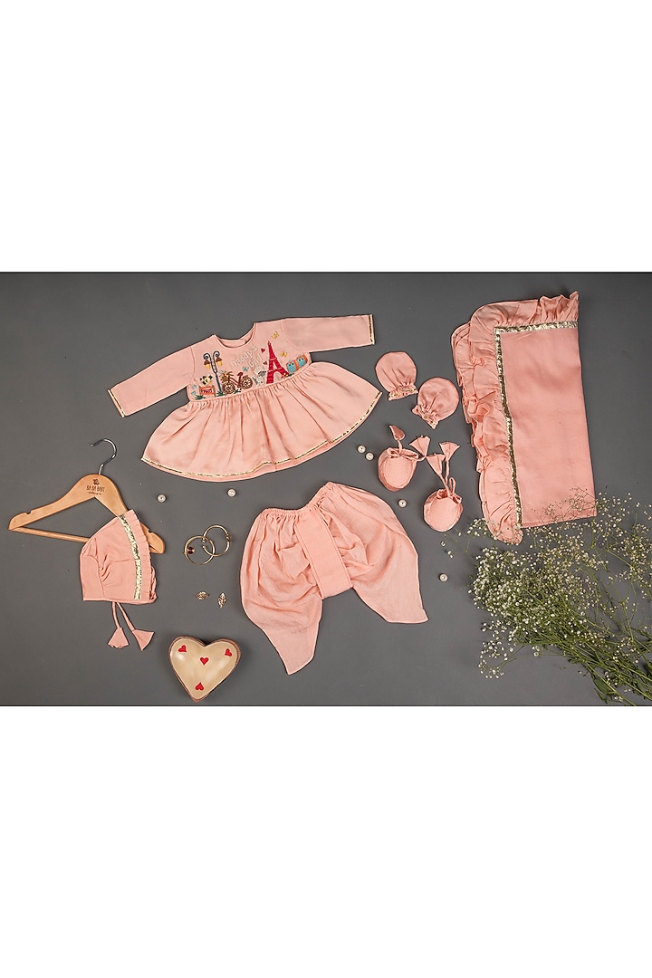 Soft Pink Linen Chanderi & Mulmul Hand Embroidered Kurta Set For Girls by Ba Ba Baby clothing co. at Pernia's Pop Up Shop