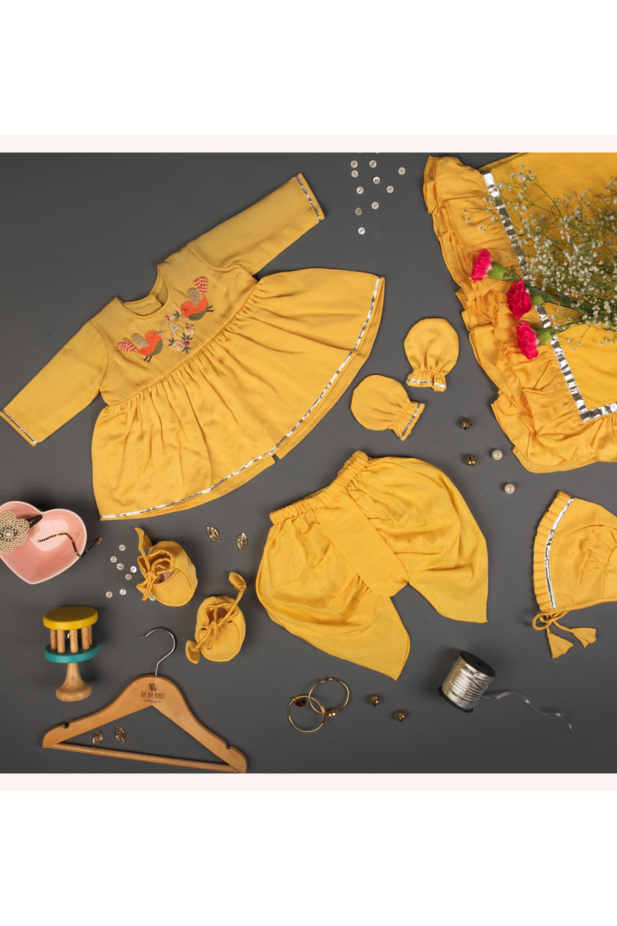 Yellow Linen Chanderi & Mulmul Embroidered Kurta Set For Girls by Ba Ba Baby clothing co.