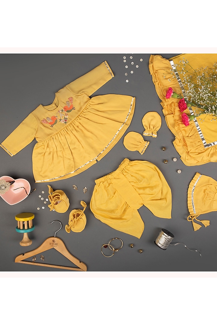 Yellow Linen Chanderi & Mulmul Embroidered Kurta Set For Girls by Ba Ba Baby clothing co.