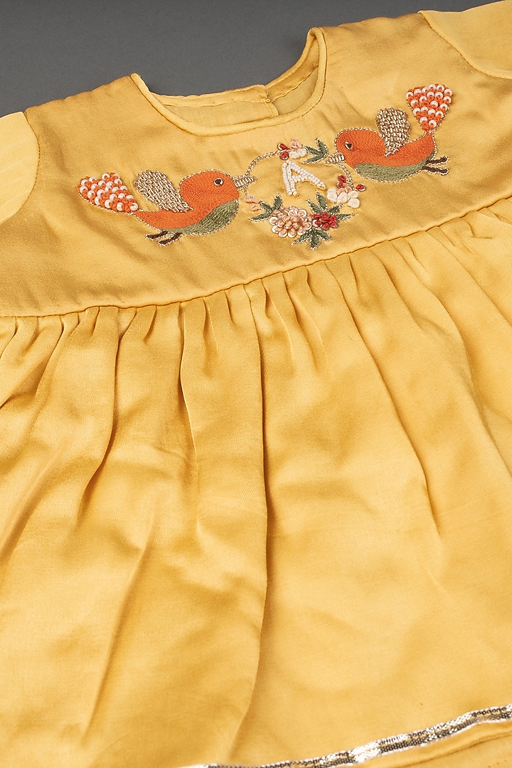 Yellow Linen Chanderi & Mulmul Embroidered Kurta Set For Girls by Ba Ba Baby clothing co. at Pernia's Pop Up Shop