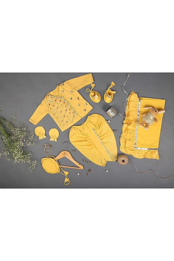 Yellow Linen Chanderi & Mulmul Thread Embroidered Dhoti Set For Boys by Ba Ba Baby clothing co.