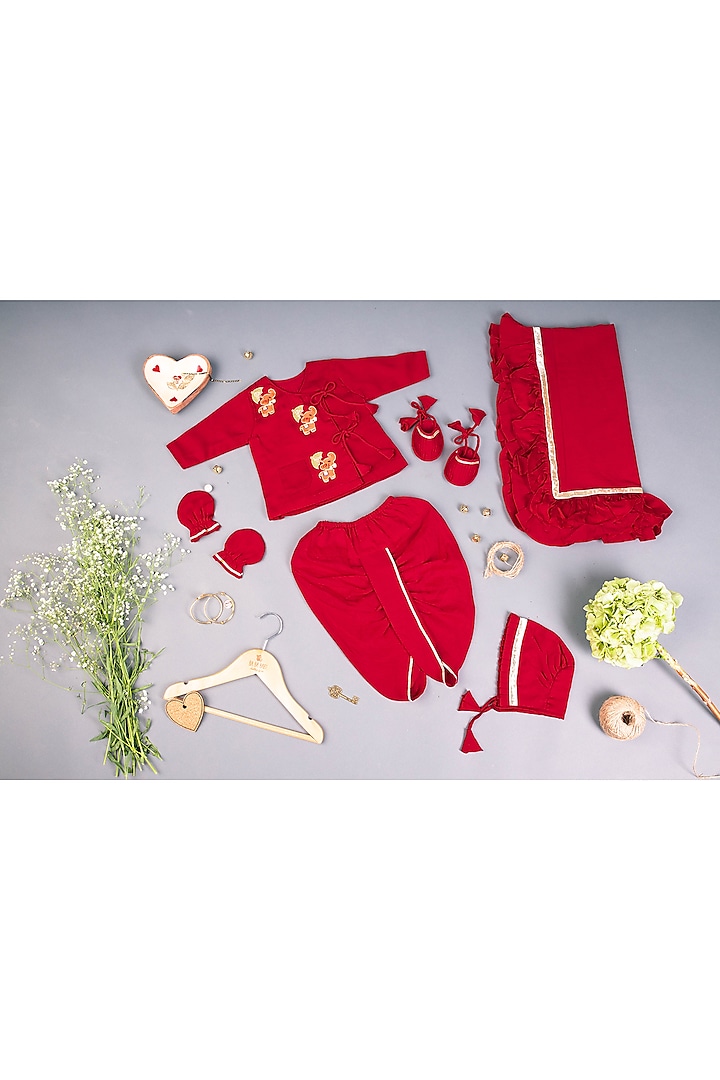 Red Linen Chanderi & Mulmul Dhoti Set For Boys by Ba Ba Baby clothing co.