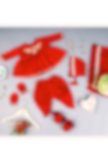 Red Linen Chanderi & Mulmul Embroidered Kurta Set For Girls by Ba Ba Baby clothing co. at Pernia's Pop Up Shop