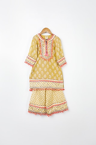 Olive Green Printed Kurta Set For Girls by Bloomers by Amrita M