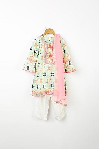 Lime Green Ikat Printed Kurta Set For Girls by Bloomers by Amrita M