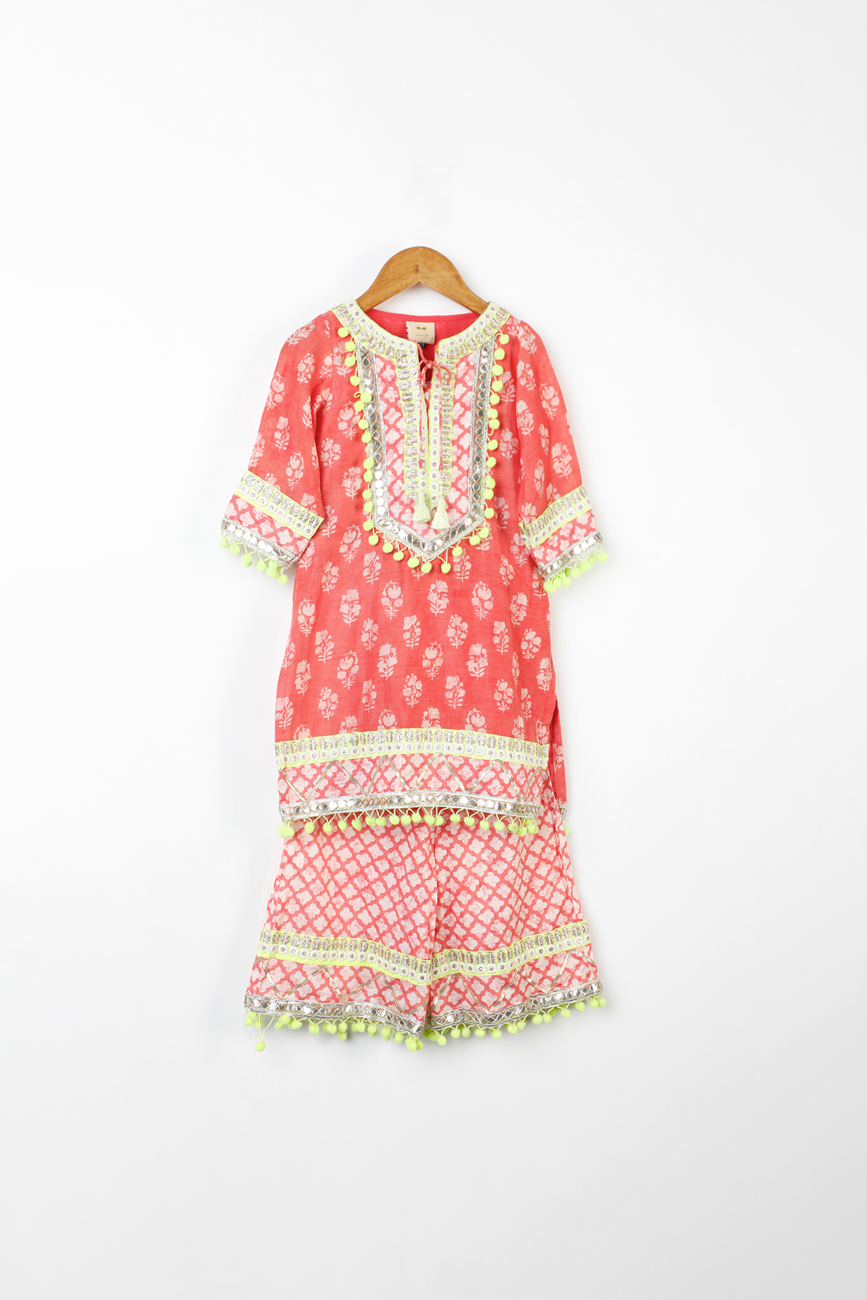 Tomato Red Printed Kurta Set For Girls by Bloomers by Amrita M at Pernia's Pop Up Shop