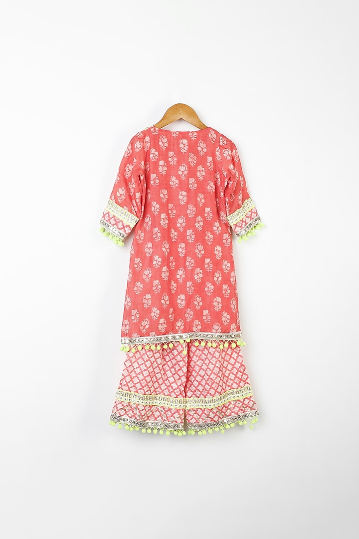 Tomato Red Printed Kurta Set For Girls by Bloomers by Amrita M at Pernia's Pop Up Shop